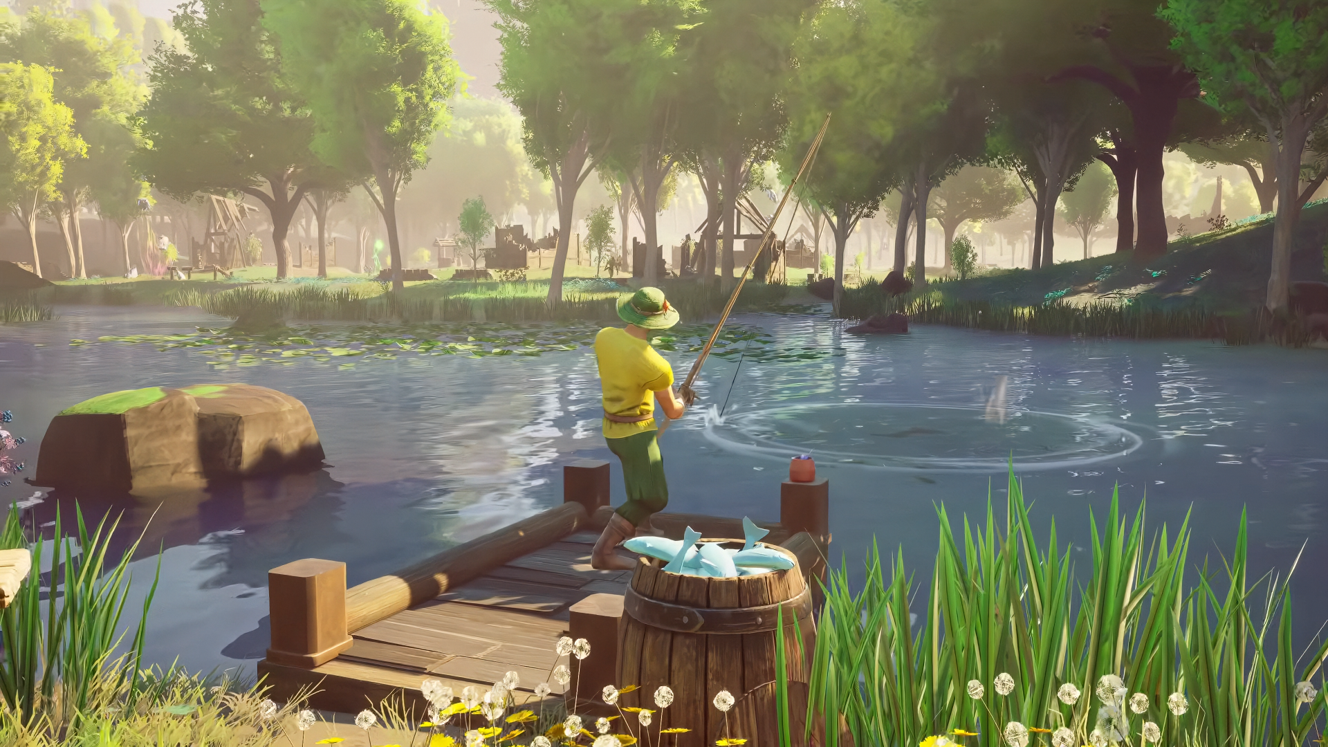 Player using a fishing rod to fish.