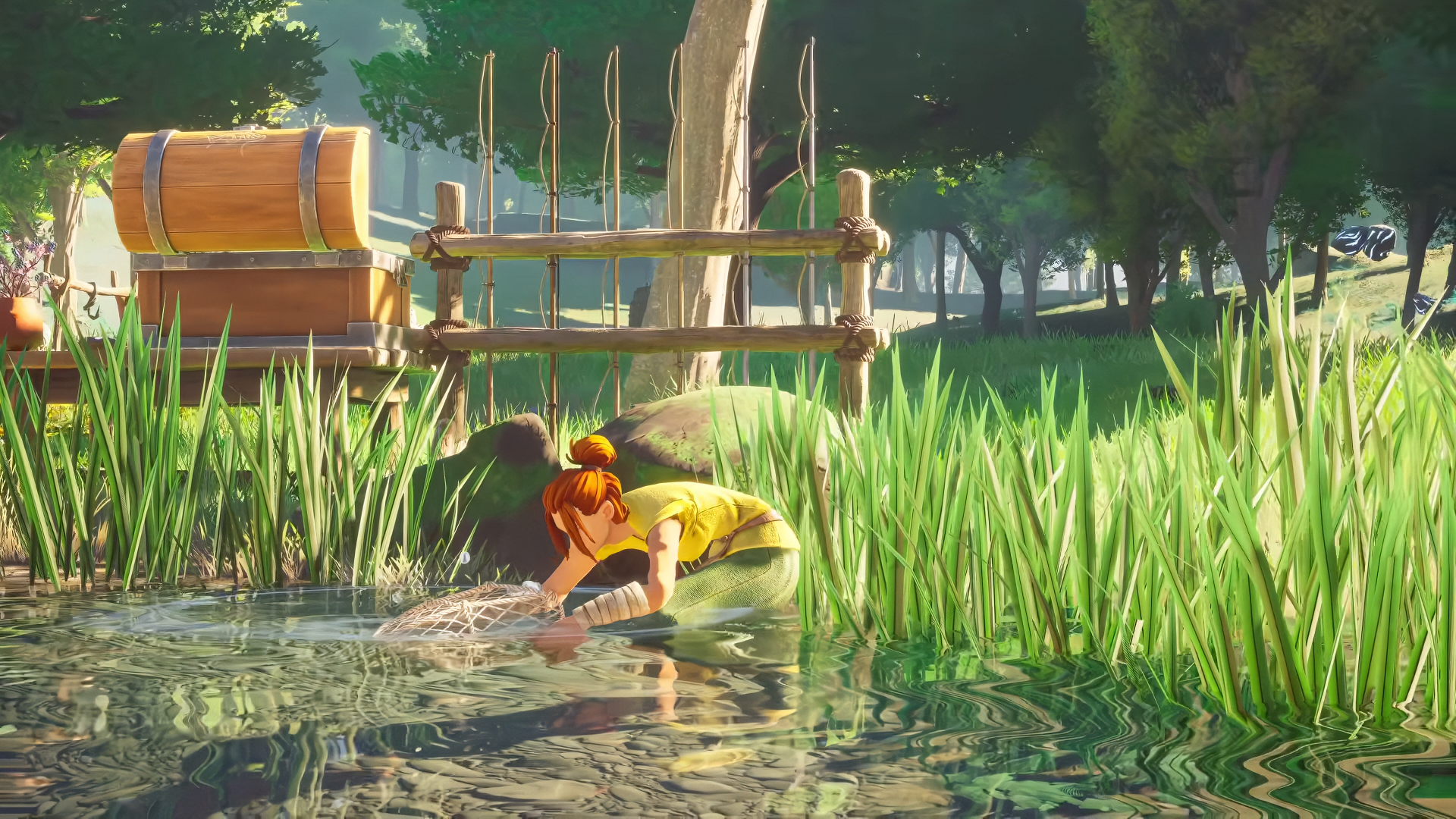 Player using a net to fish