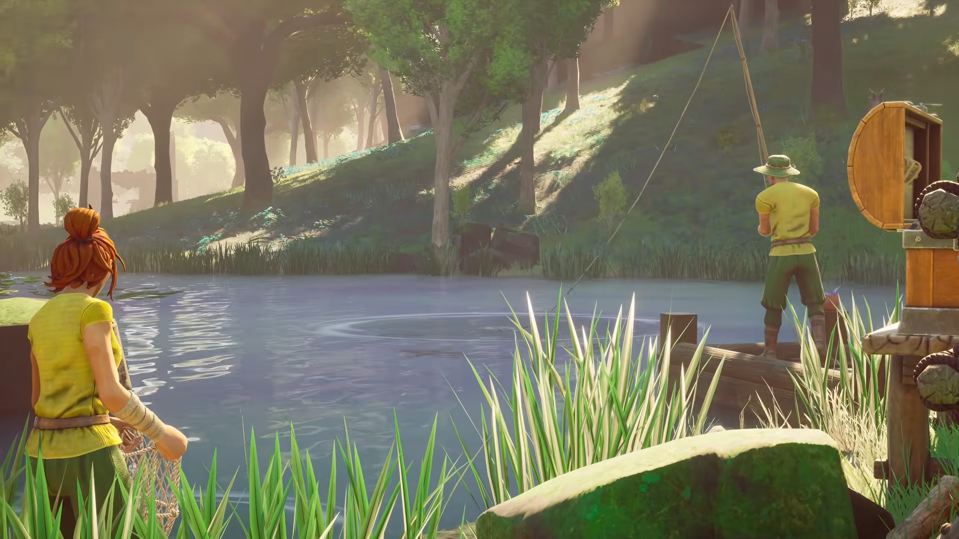 Scene from trailer showing a player fishing with a net and another with a fishing rod.