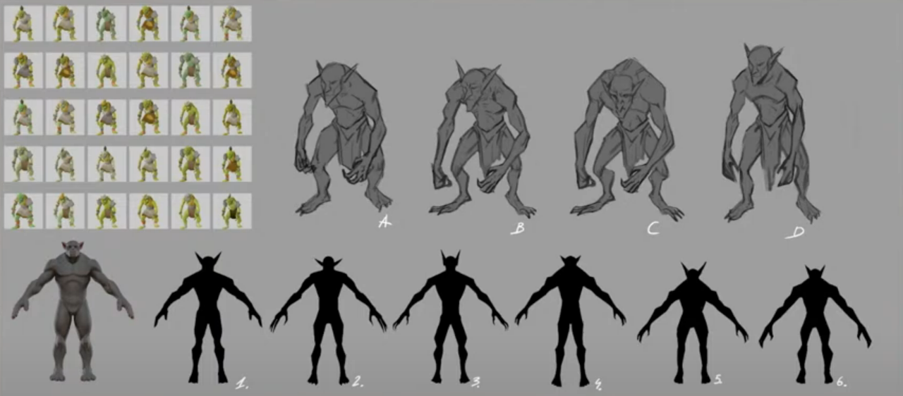 Outlined-model concept art for goblins