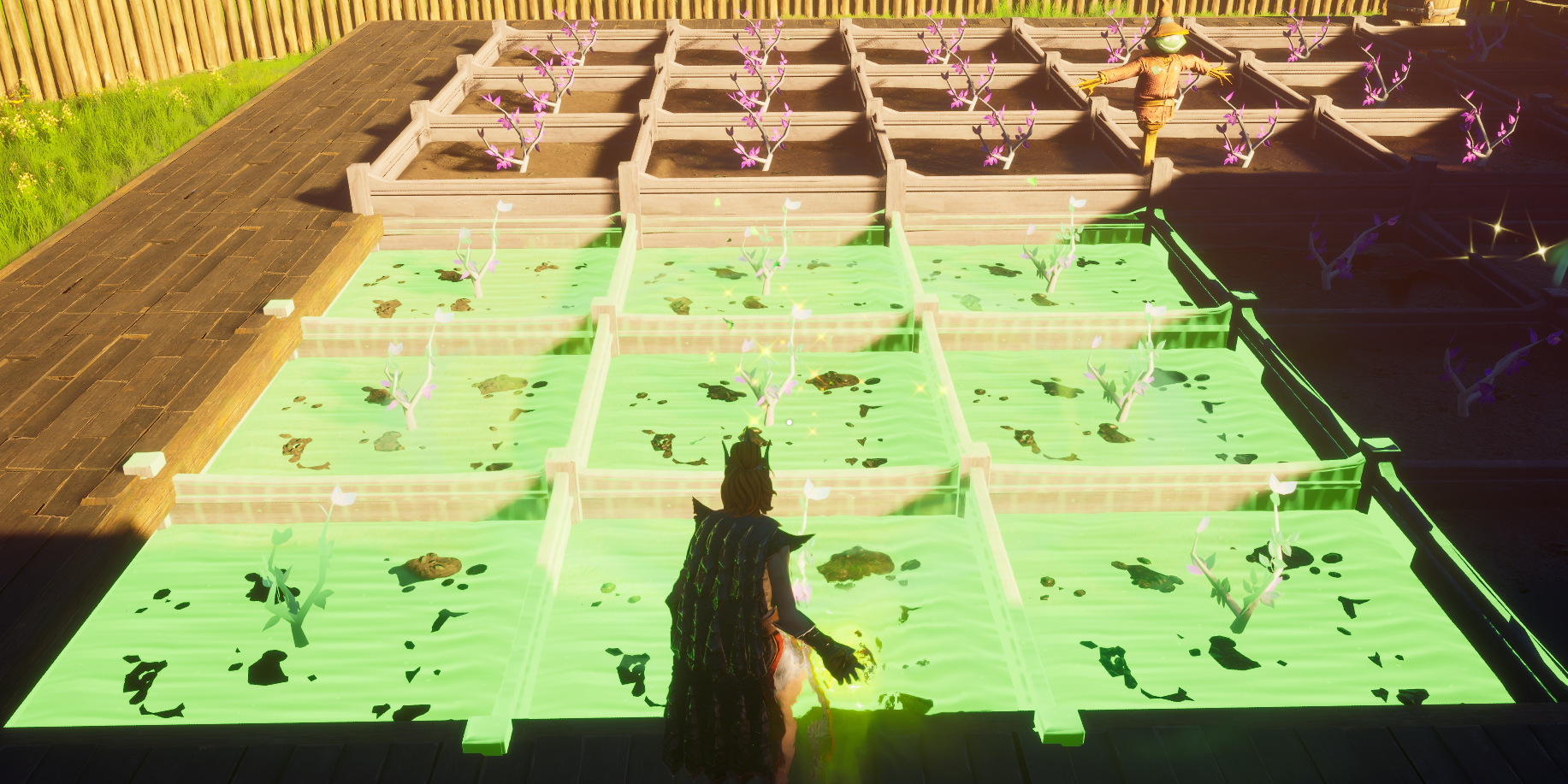 A player casting the Overgrowth Aura upgraded Rapid Growth spell on 9 plots in a 3x3 plot arrangement.
