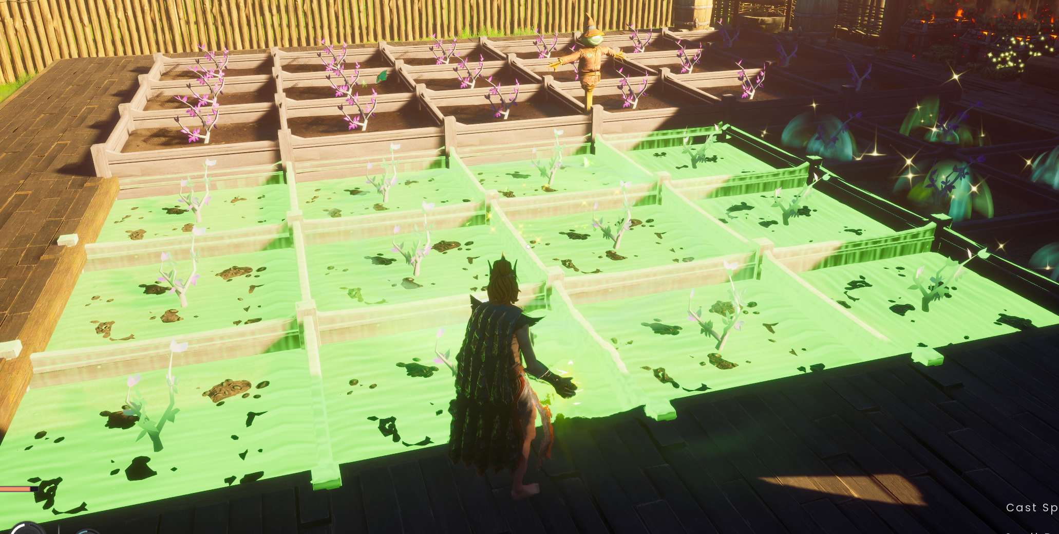 A player casting the Overgrowth Aura upgraded Rapid Growth spell on 12 plots in a 3x4 plot arrangement.