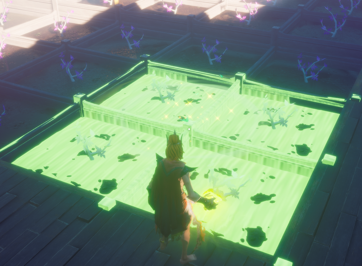 A player casting the Rapid Growth spell on 4 plots in a 2x2 plot arrangement.