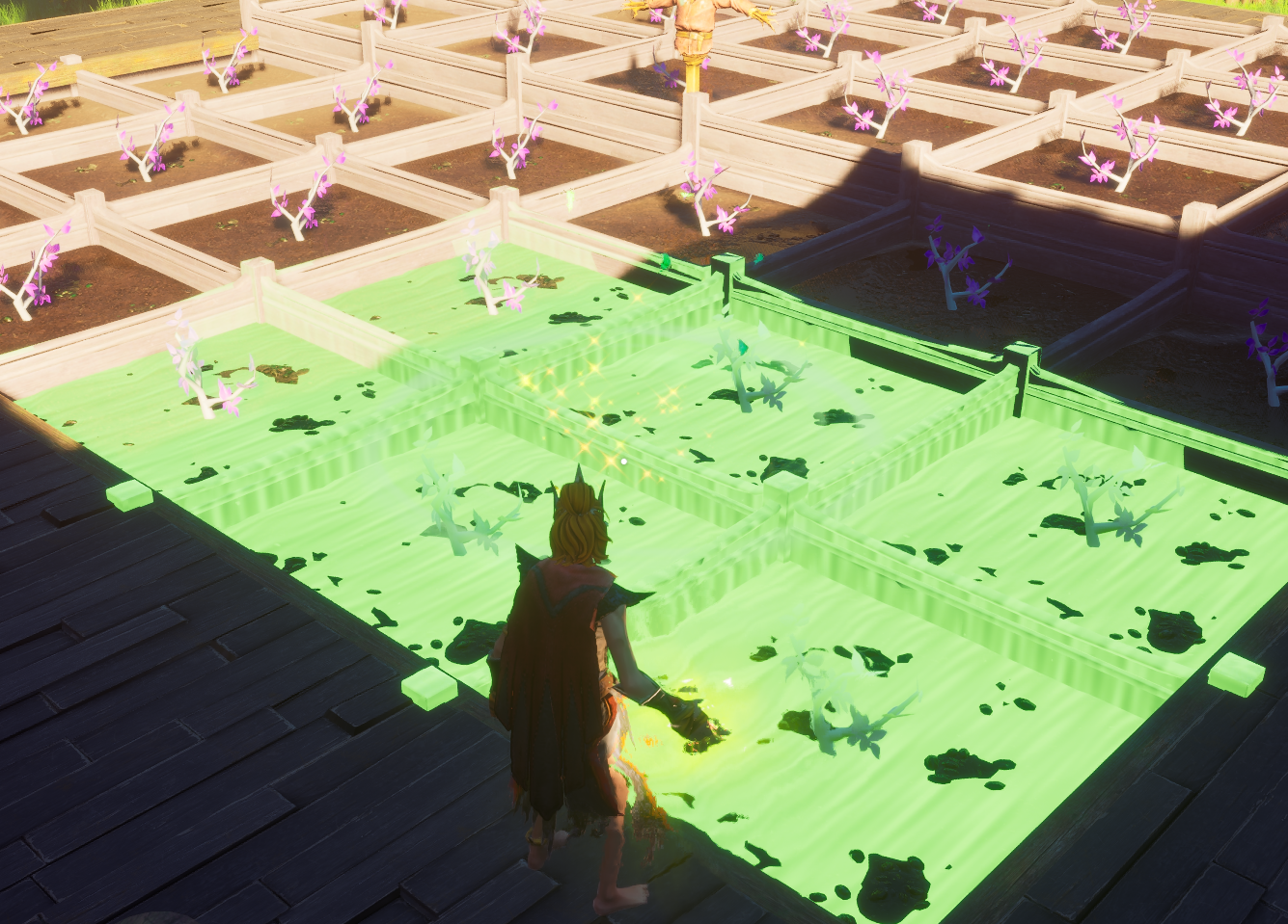 A player casting the Rapid Growth spell on 6 plots in a 2x3 plot arrangement.