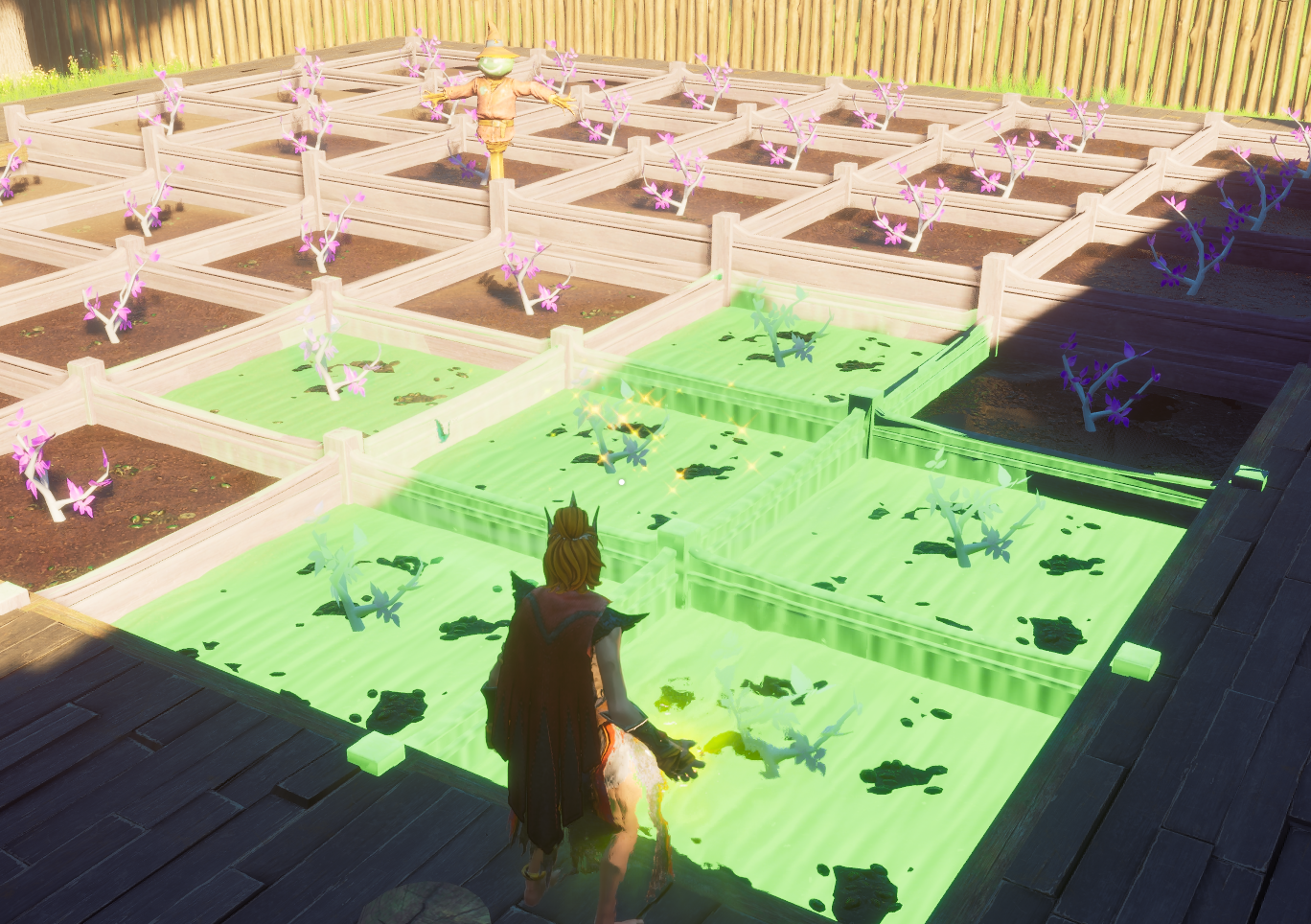 A player casting the Rapid Growth spell on 6 plots in a diagonal plot arrangement.