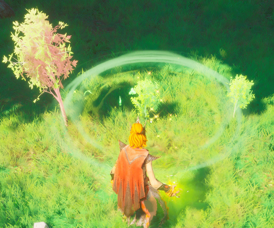 A player casting the Rapid Growth spell on a group of player-planted trees and a natural tree, showing the player-planted tree is valid but the natural tree is not.