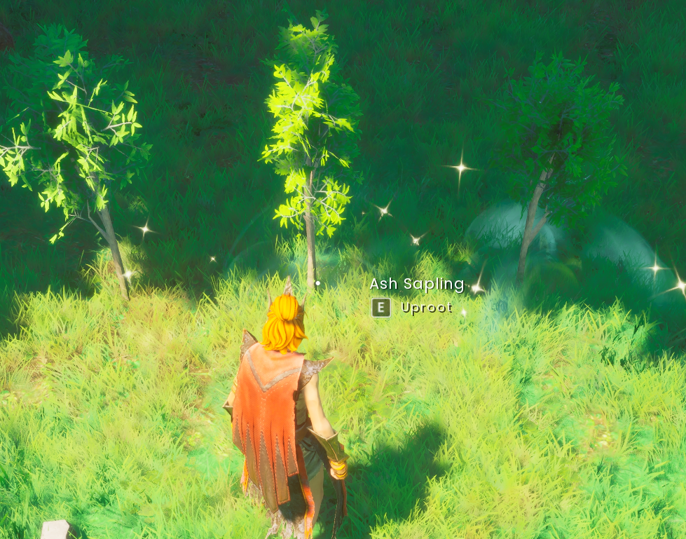 A group of player-planted trees and a natural tree showing the player-planted trees have a Rapid Growth particle effect after casting the spell while the natural tree does not.